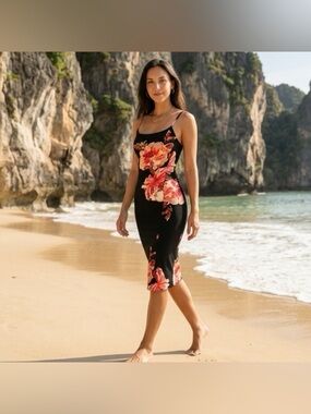 Chic Black Midi Dress with Floral Patterns and Elegant Silhouette